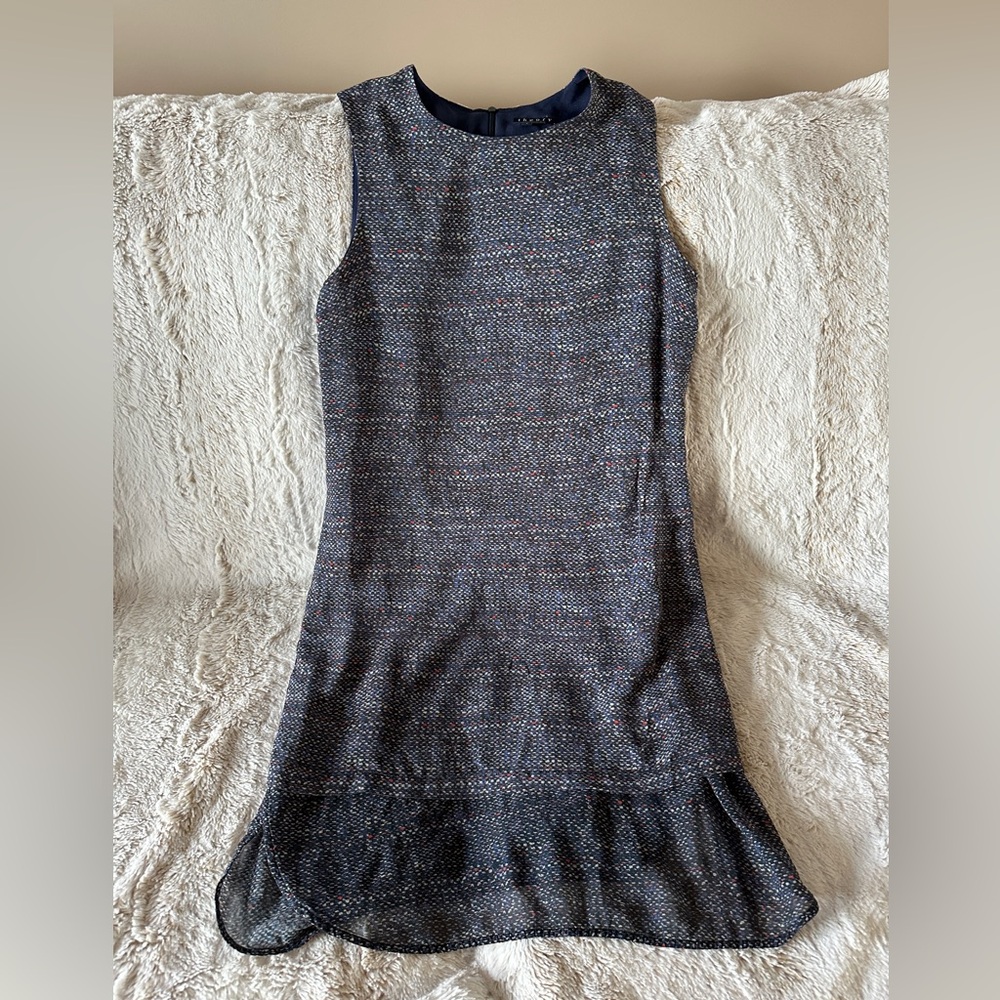 Theory Gray Sleeveless Sheath Dress with Ruffled Hem